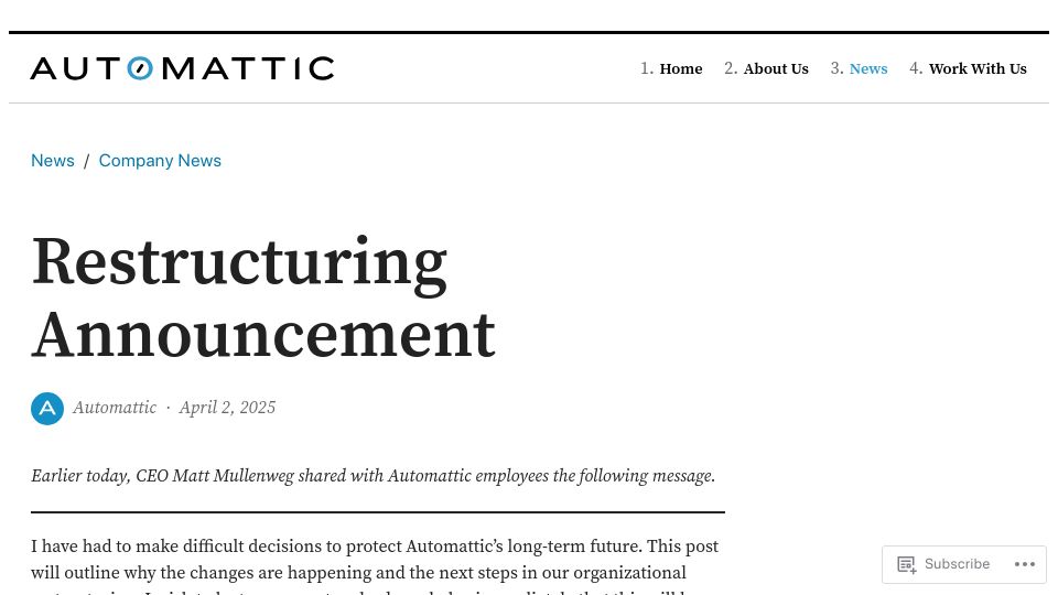 Screenshot of automattic.com: Restructuring Announcement