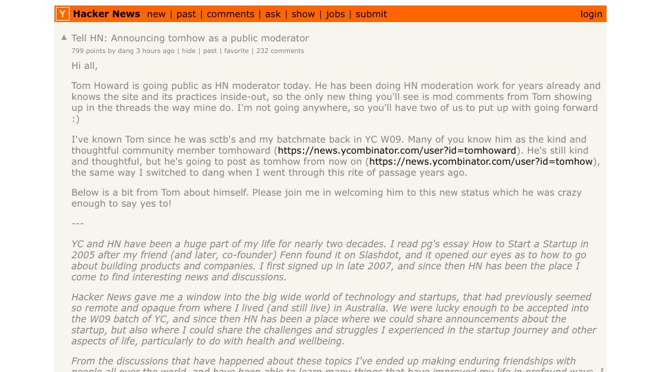 Screenshot of Hacker News post: Tell HN: Announcing tomhow as a public moderator
