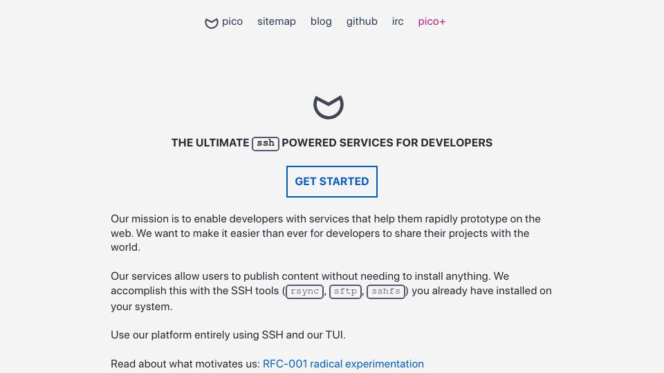 Screenshot of pico.sh: Pico.sh – SSH powered services for developers