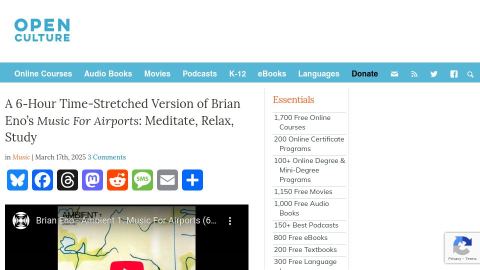 Screenshot of openculture.com: A 6-Hour Time-Stretched Version of Brian Eno's Music for Airports