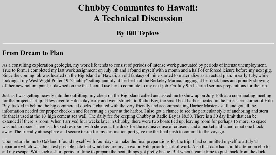 Screenshot of potter-yachters.org: Sailing from Berkeley to Hawaii in a 19ft Sailboat
