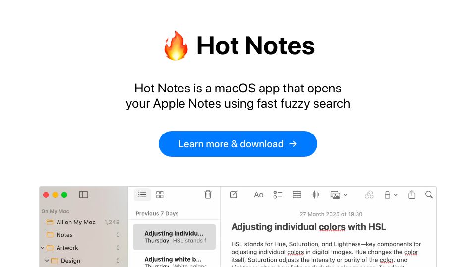 Screenshot of hotmatcha.dev: Show HN: Hot Notes – Fuzzy Search for Apple Notes (macOS)