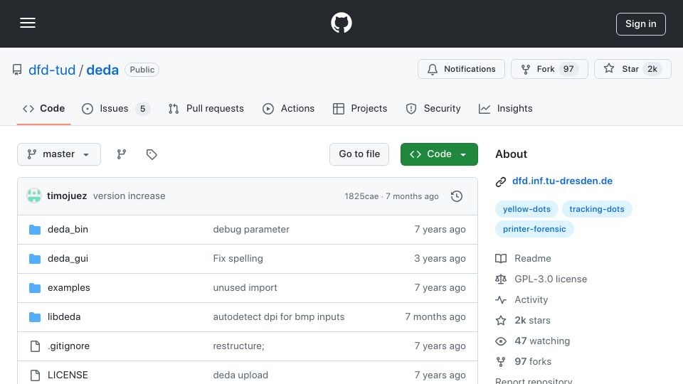 Screenshot of github.com: DEDA – Tracking Dots Extraction, Decoding and Anonymisation Toolkit