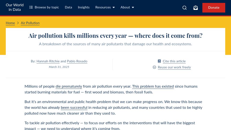 Screenshot of ourworldindata.org: Where does air pollution come from?