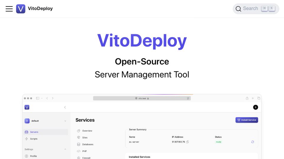 Screenshot of vitodeploy.com: Vitodeploy: Self hosted Laravel Forge alternative