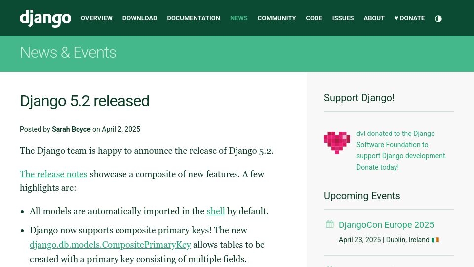 Screenshot of djangoproject.com: Django 5.2 Released
