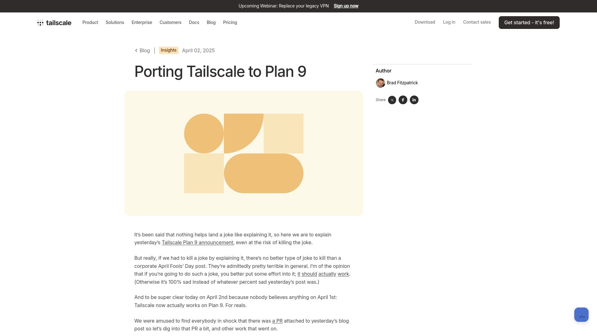 Screenshot of tailscale.com: Porting Tailscale to Plan 9