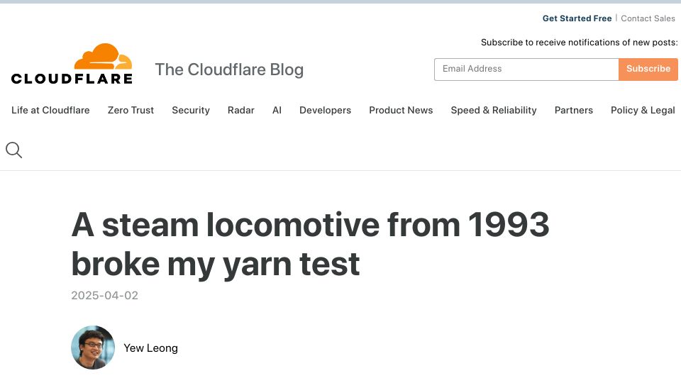Screenshot of blog.cloudflare.com: A steam locomotive from 1993 broke my yarn test