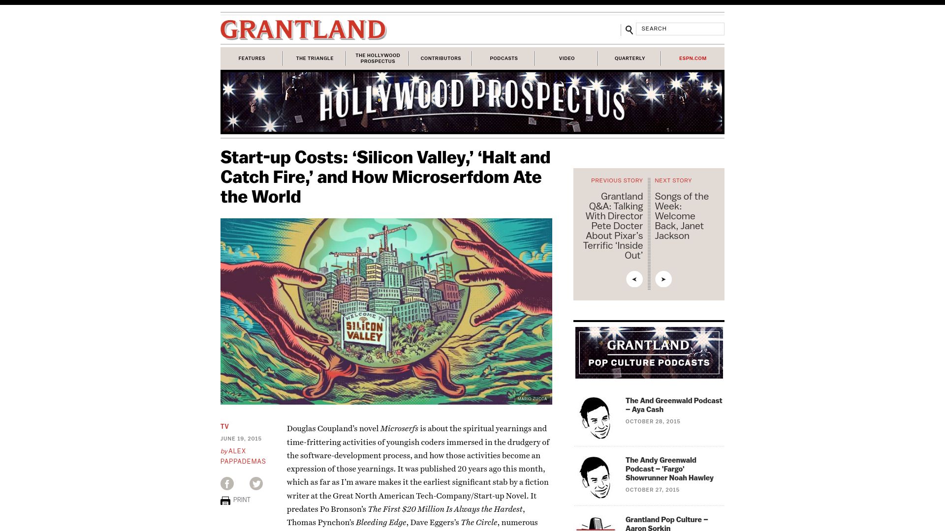 Screenshot of grantland.com: Silicon Valley, Halt and Catch Fire, and How Microserfdom Ate the World (2015)