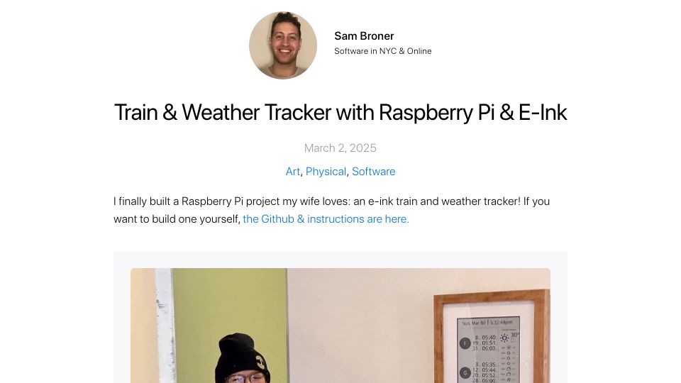 Screenshot of sambroner.com: Train and Weather Tracker with Raspberry Pi and E-Ink