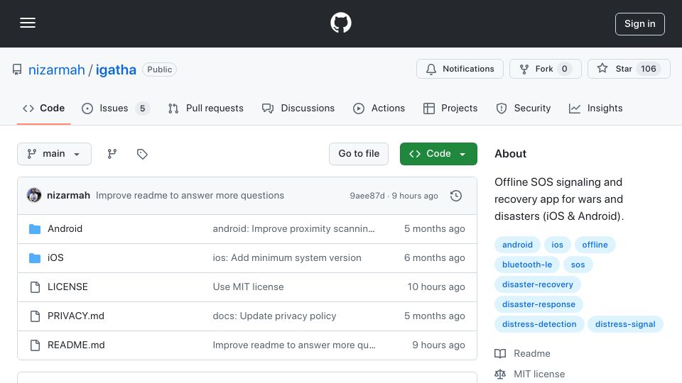 Screenshot of github.com: Show HN: Offline SOS signaling+recovery app for disasters/wars