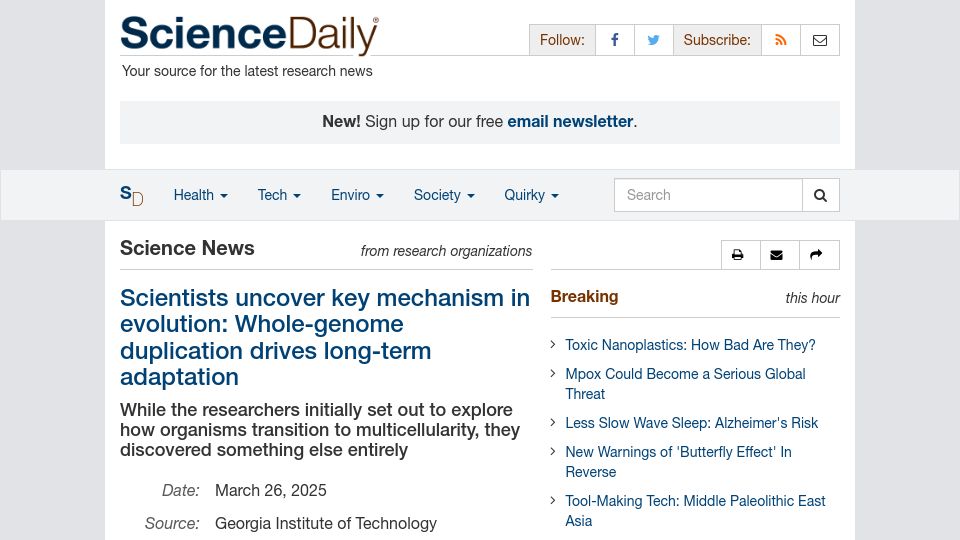 Screenshot of sciencedaily.com: Scientists uncover key mechanism in evolution: Whole-genome duplication drives