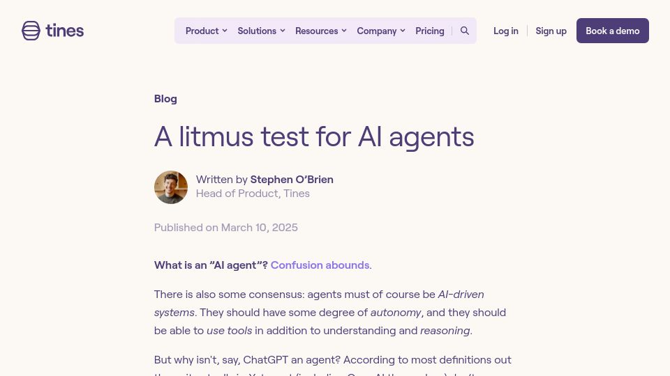 Screenshot of tines.com: What, exactly, is an 'AI Agent'? Here's a litmus test