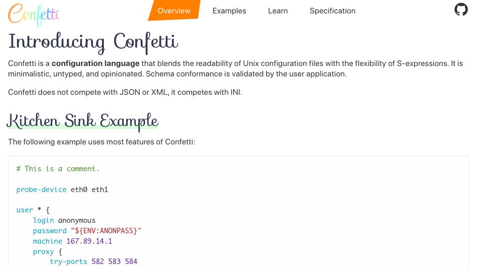Screenshot of confetti.hgs3.me: Show HN: I made Confetti: a configuration language file format