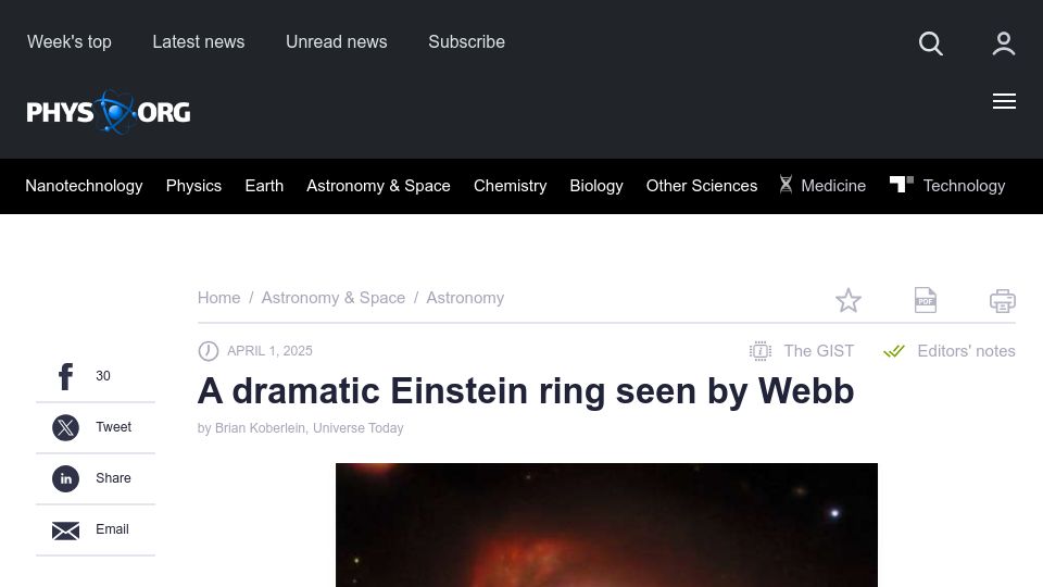 Screenshot of phys.org: A dramatic Einstein ring seen by Webb