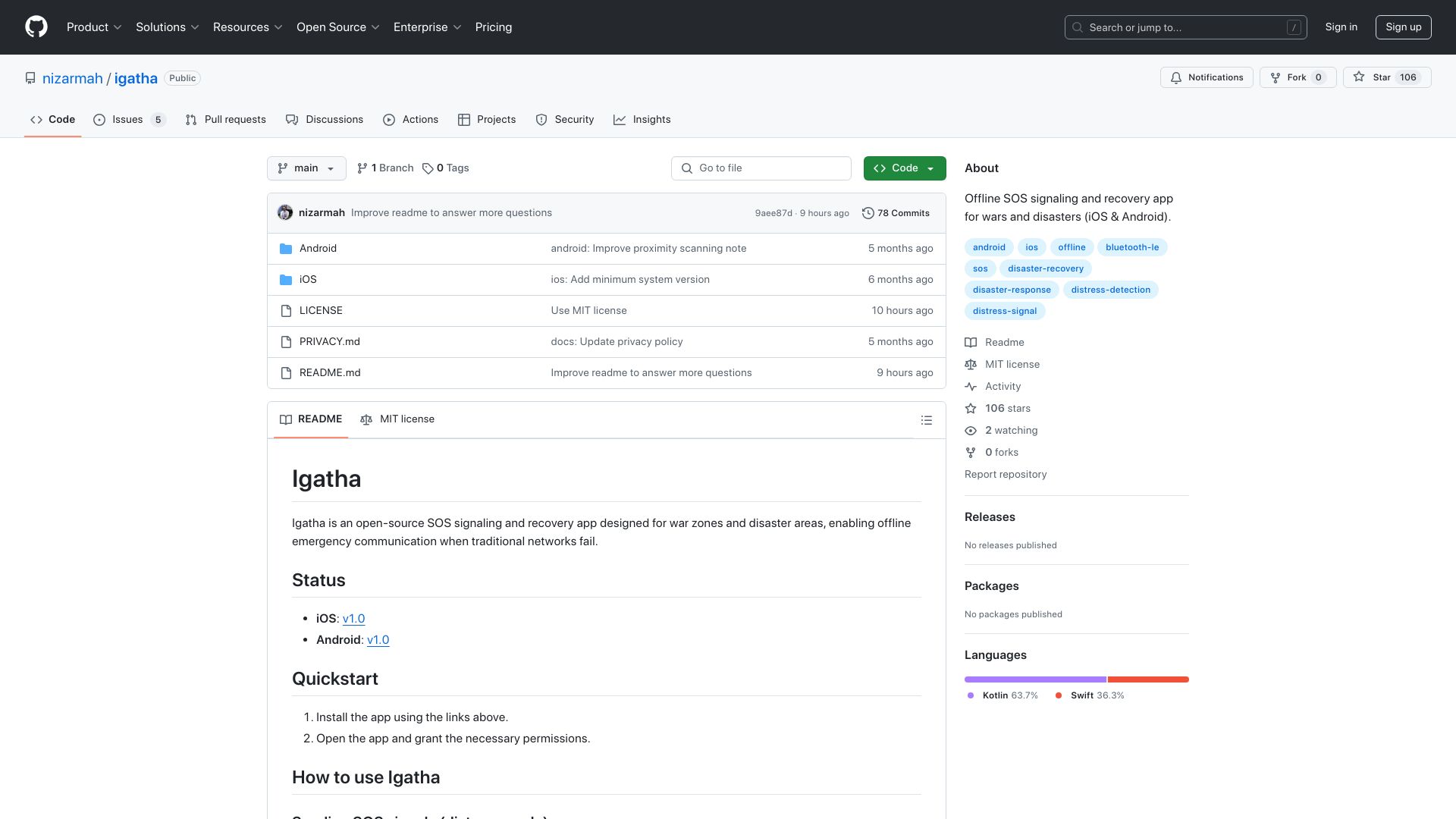 Screenshot of github.com: Show HN: Offline SOS signaling+recovery app for disasters/wars