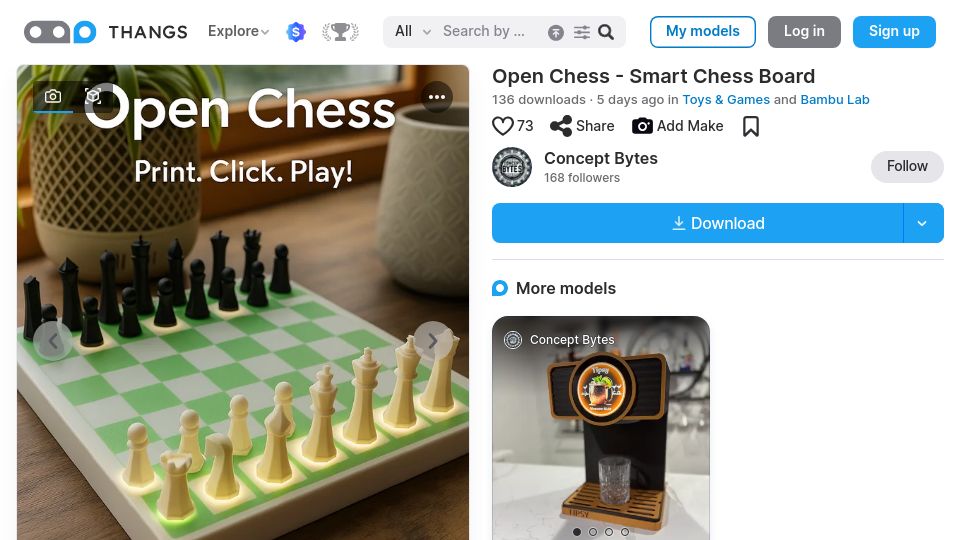 Screenshot of thangs.com: Open source, 3D-printable smart chess board