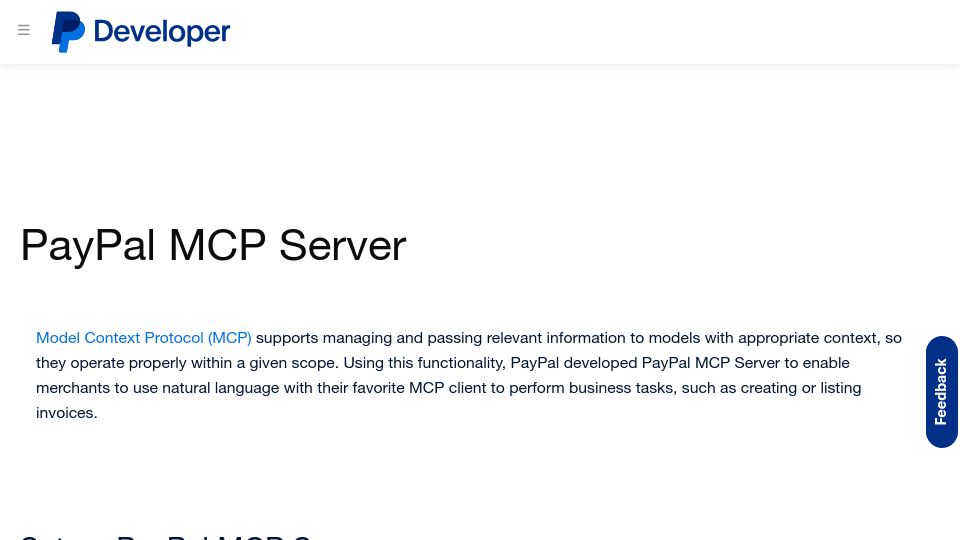Screenshot of developer.paypal.com: PayPal launches remote and local MCP servers