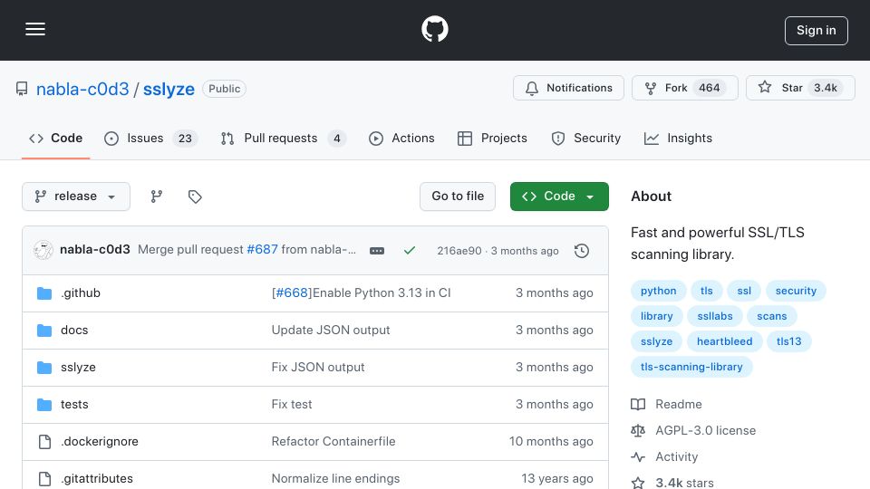 Screenshot of github.com: SSLyze – SSL configuration scanning library and CLI tool
