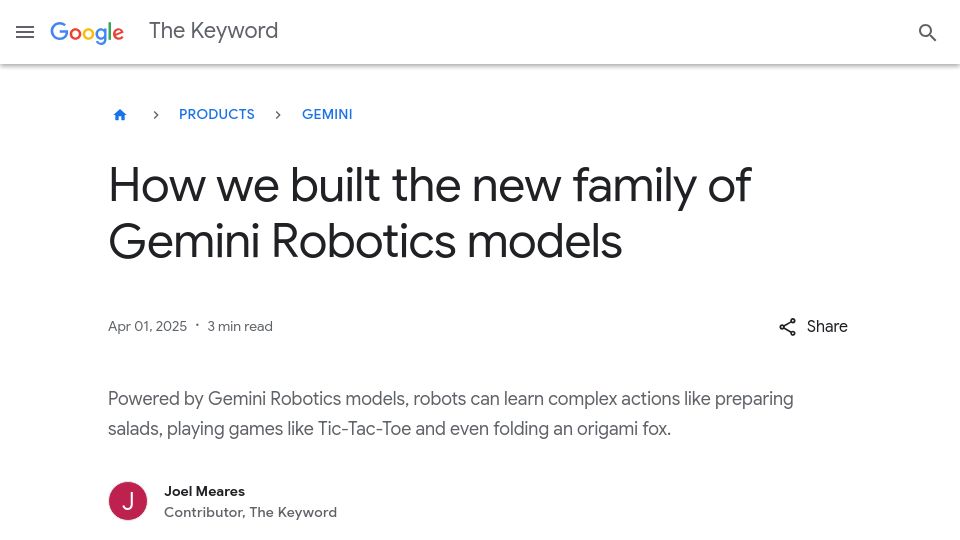 Screenshot of blog.google: How Google built its Gemini robotics models