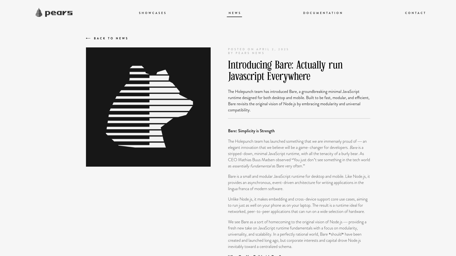 Screenshot of pears.com: Bare: Run JavaScript Everywhere