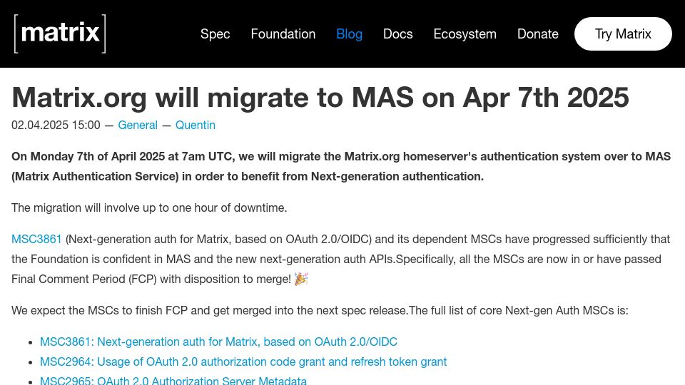 Screenshot of matrix.org: Matrix.org Will Migrate to MAS