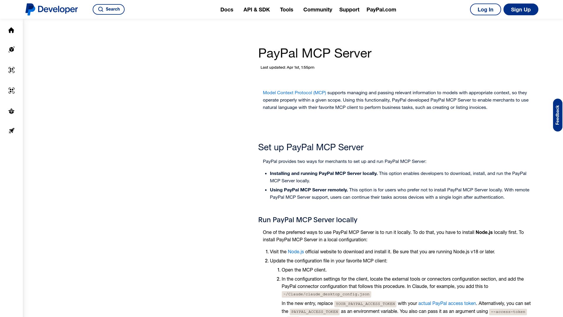 Screenshot of developer.paypal.com: PayPal launches remote and local MCP servers