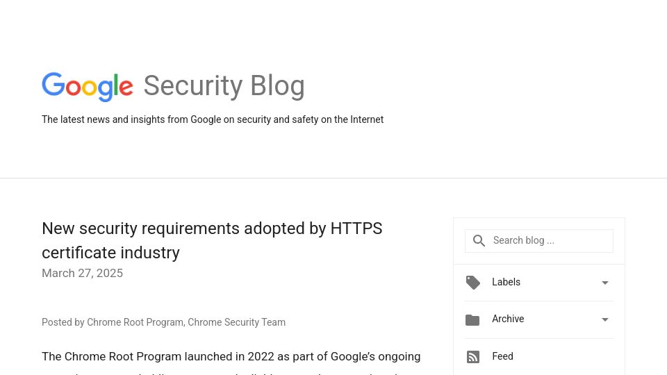Screenshot of security.googleblog.com: Certification Authority/Browser Forum adopts new security standards