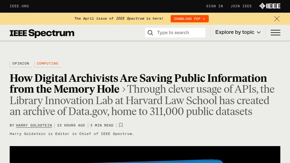 Screenshot of spectrum.ieee.org: Digital Archivists: Protecting Public Data from Erasure