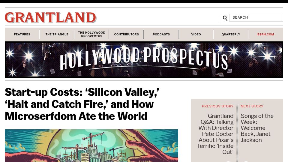 Screenshot of grantland.com: Silicon Valley, Halt and Catch Fire, and How Microserfdom Ate the World (2015)