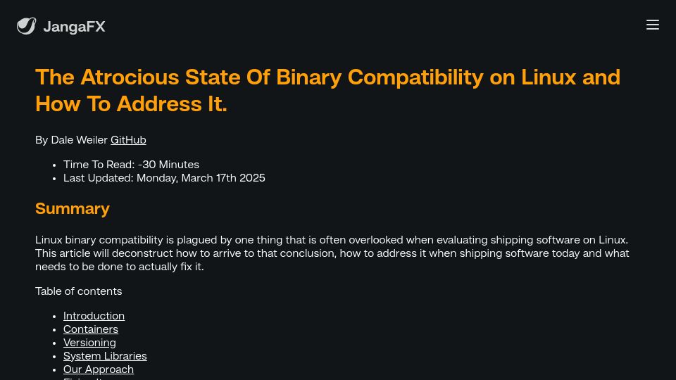 Screenshot of jangafx.com: The state of binary compatibility on Linux and how to address it