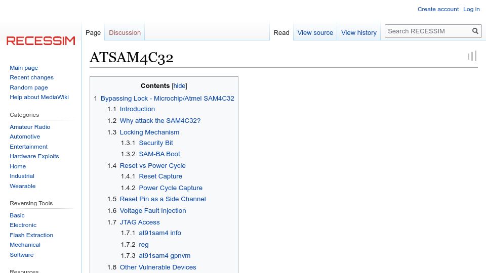 Screenshot of wiki.recessim.com: Zero Day in Microchip SAM Microcontrollers