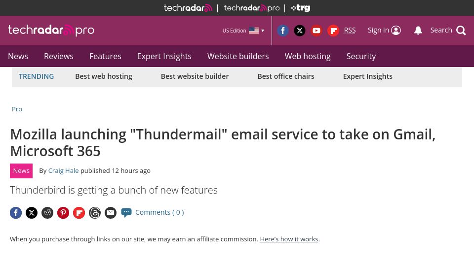 Screenshot of techradar.com: Mozilla launching “Thundermail” email service to take on Gmail, Microsoft 365