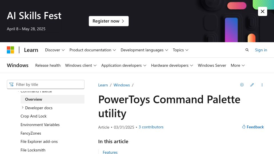 Screenshot of learn.microsoft.com: PowerToys Command Palette Utility