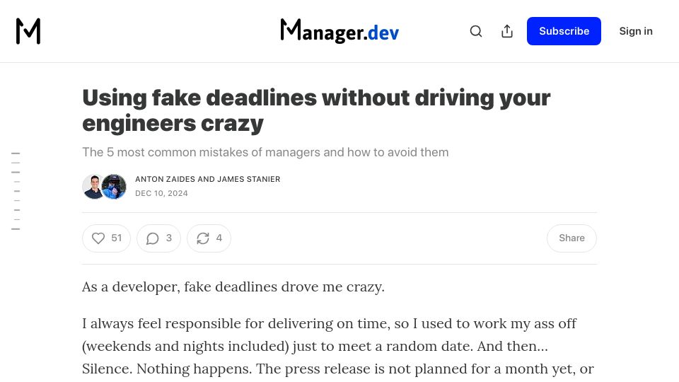 Screenshot of newsletter.manager.dev: Using fake deadlines without driving your engineers crazy