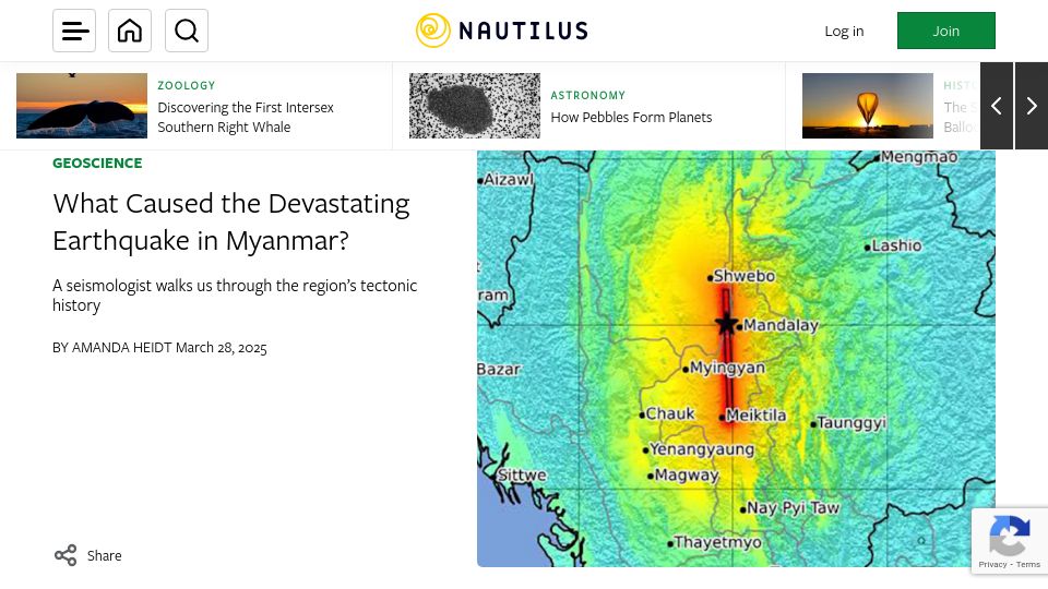Screenshot of nautil.us: The Tectonics Behind the Myanmar Quake