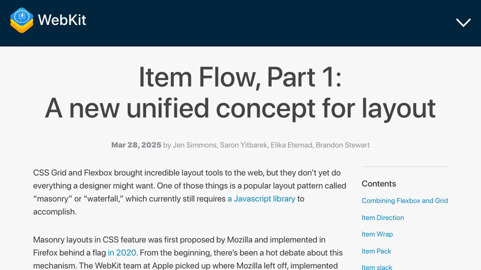 Screenshot of webkit.org: Item Flow, Part 1: A new unified concept for layout