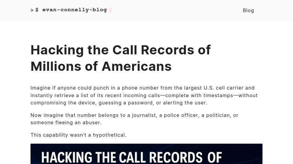 Screenshot of evanconnelly.github.io: Hacking the call records of millions of Americans