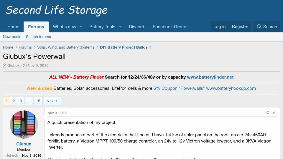 Screenshot of secondlifestorage.com: Glubux's Powerwall (2016)