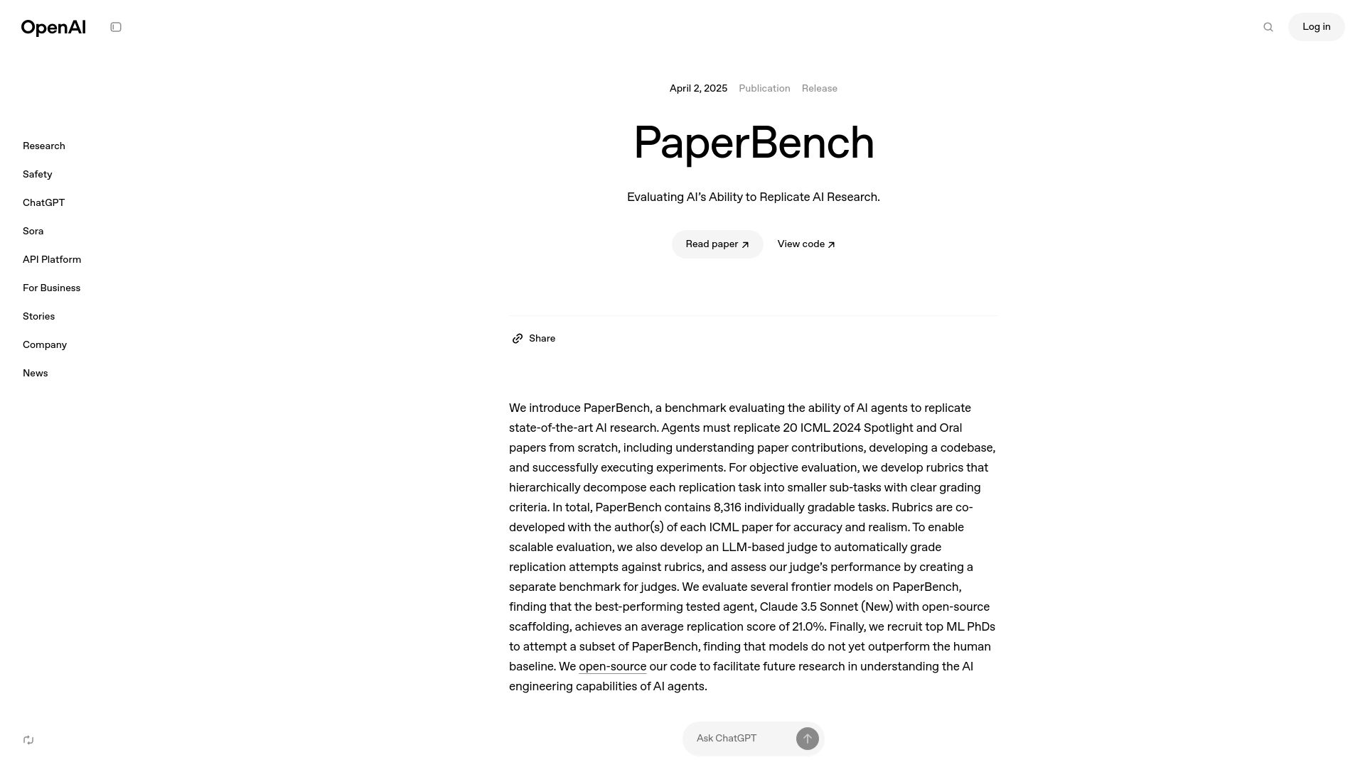 Screenshot of openai.com: PaperBench