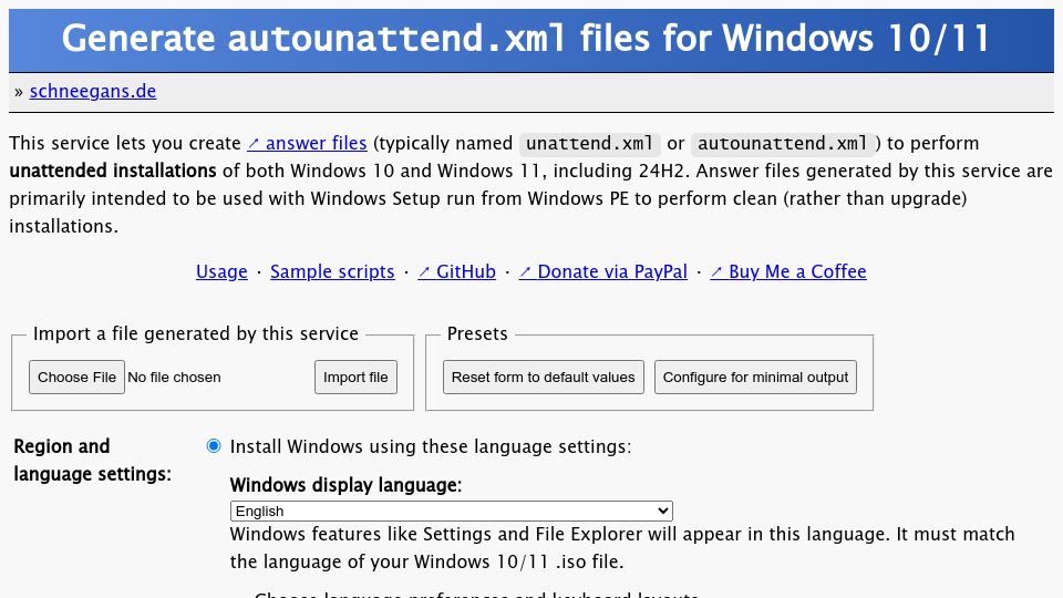 Screenshot of schneegans.de: Generate autounattend.xml files for Windows 10/11