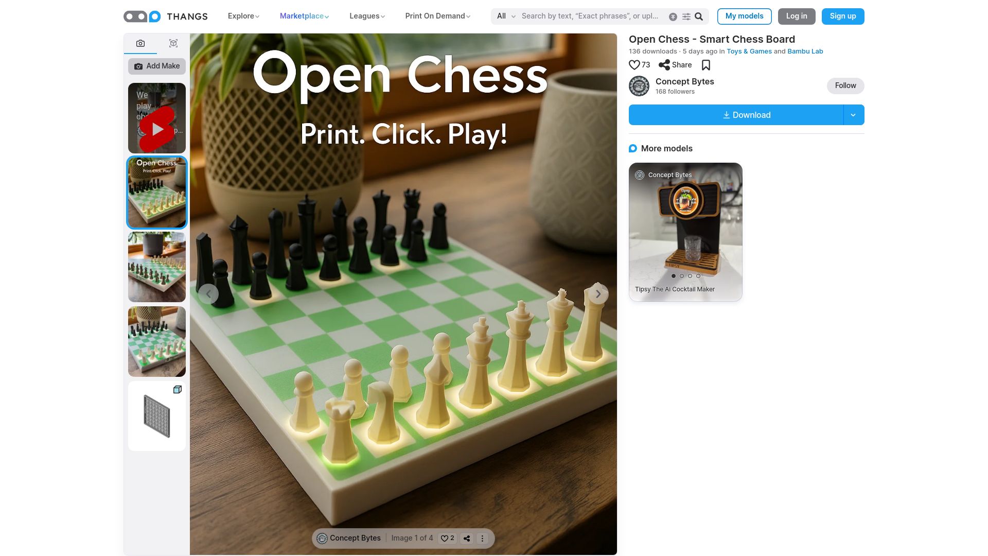 Screenshot of thangs.com: Open source, 3D-printable smart chess board