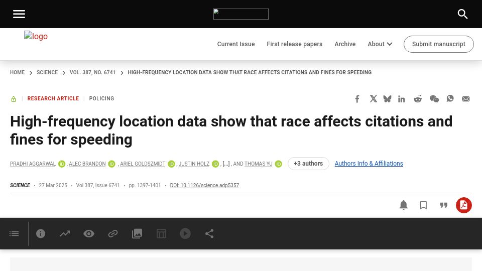 Screenshot of science.org: Location data show that race affects citations and fines for speeding