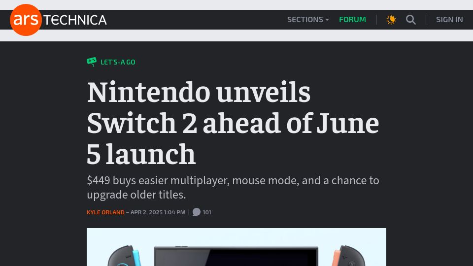Screenshot of arstechnica.com: Nintendo unveils Switch 2 ahead of June 5 launch
