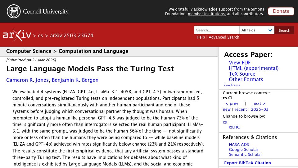 Screenshot of arxiv.org: UCSD: Large Language Models Pass the Turing Test