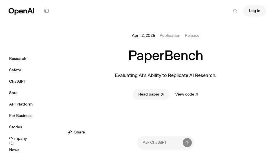 Screenshot of openai.com: PaperBench