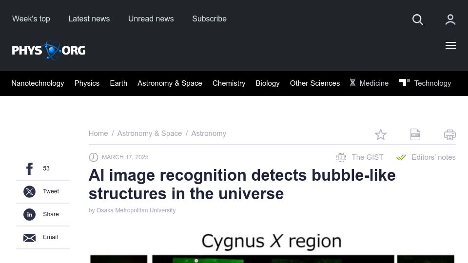 Screenshot of phys.org: AI image recognition detects bubble-like structures in the universe
