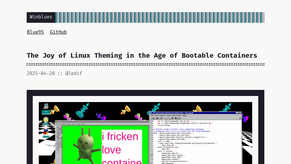 Screenshot of blues.win: The Joy of Linux Theming in the Age of Bootable Containers