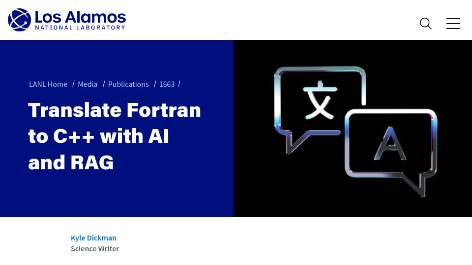 Screenshot of lanl.gov: Translate Fortran to C++ with AI and RAG