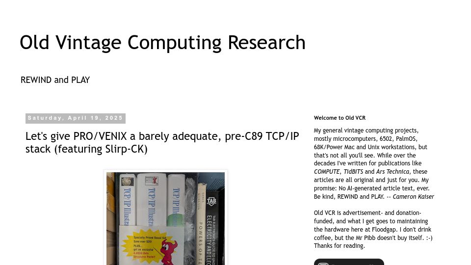Screenshot of oldvcr.blogspot.com: Let's give PRO/VENIX a barely adequate, pre-C89 TCP/IP stack, featuring Slirp-CK